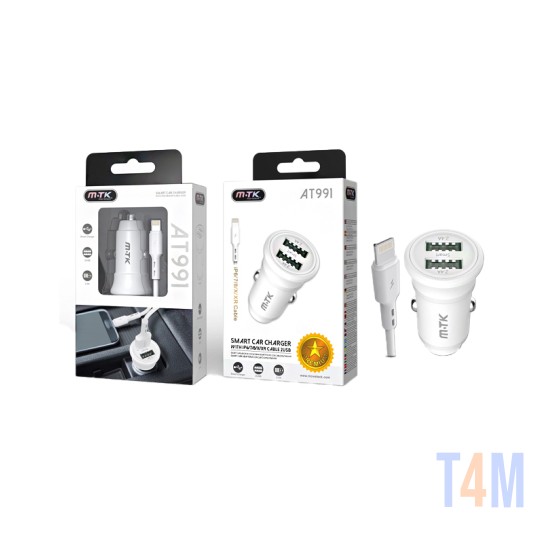 MTK CAR CHARGER ADAPTOR AT991 BL WITH CABLE 2 USB PORTS 2.4A WHITE